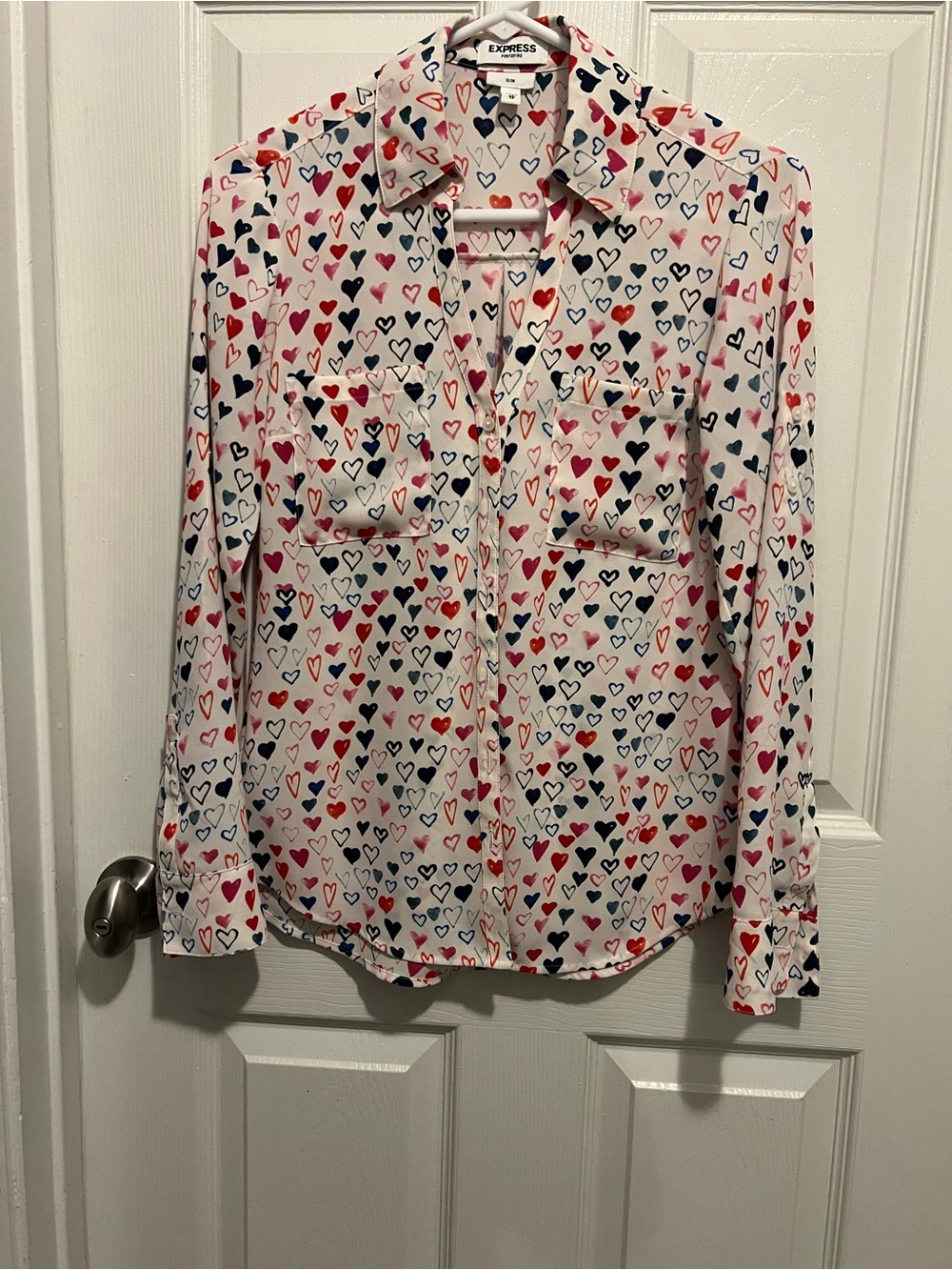 Express White Button-Down Shirt with Multicolor Heart Print
